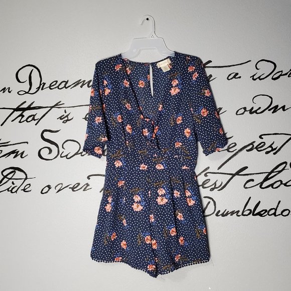 Altar'd State Navy Polka Dot Floral Shorts Romper, M - Picture 2 of 9